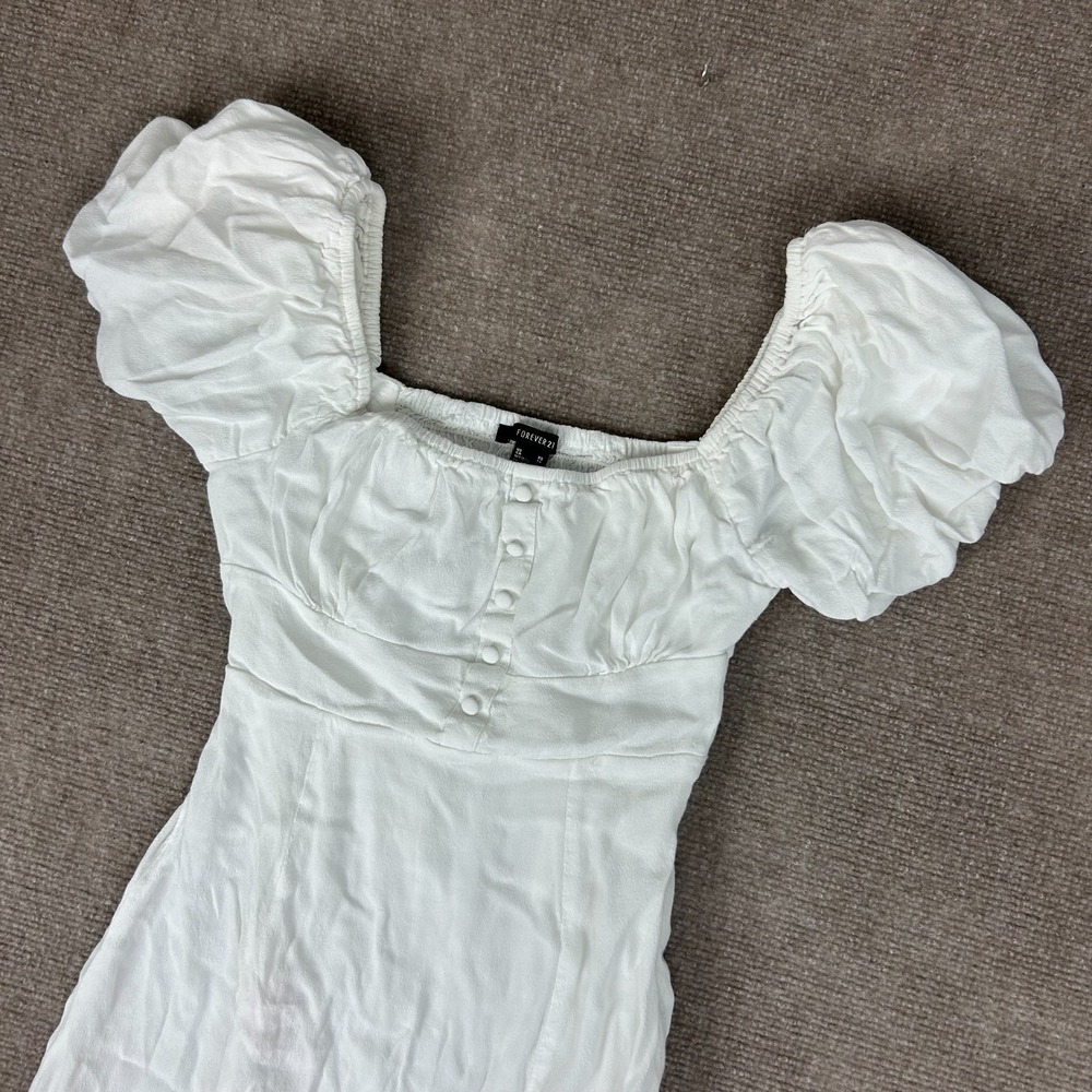Forever 21 Maxi Dress Women XS White Cotton Smocked Back Puff Sleeve Square Neck